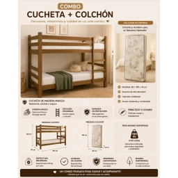 Combo Cucheta De Madera 1 Plaza + 2Colchones 