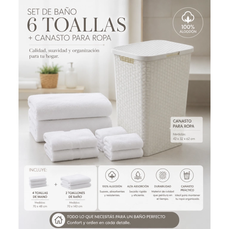 Combo Canasto Para Ropa + Set 6 Toallas De Ba�o