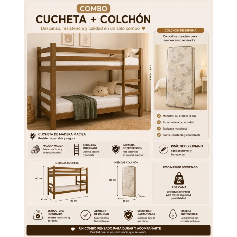 Combo Cucheta De Madera 1 Plaza + 2Colchones 