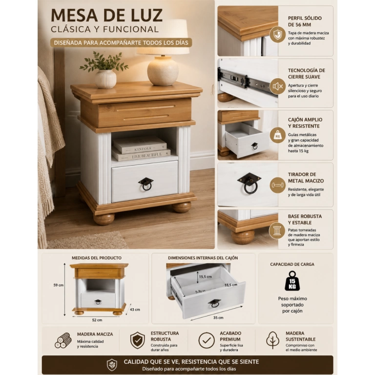 Mesa de luz con nicho 1C Madera maciza