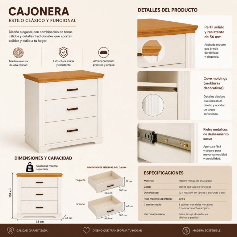 Comoda en madera maciza 3 cajones